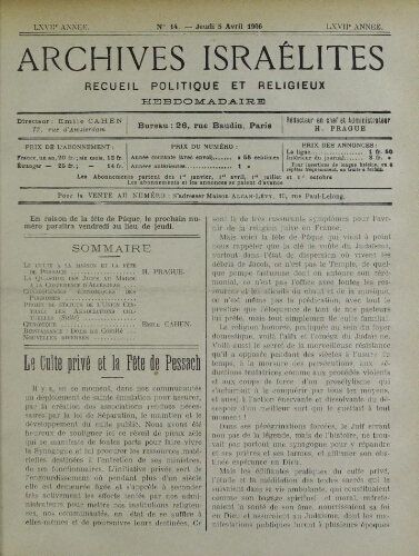 Archives israélites de France. Vol.67 N°14 (05 avr. 1906)